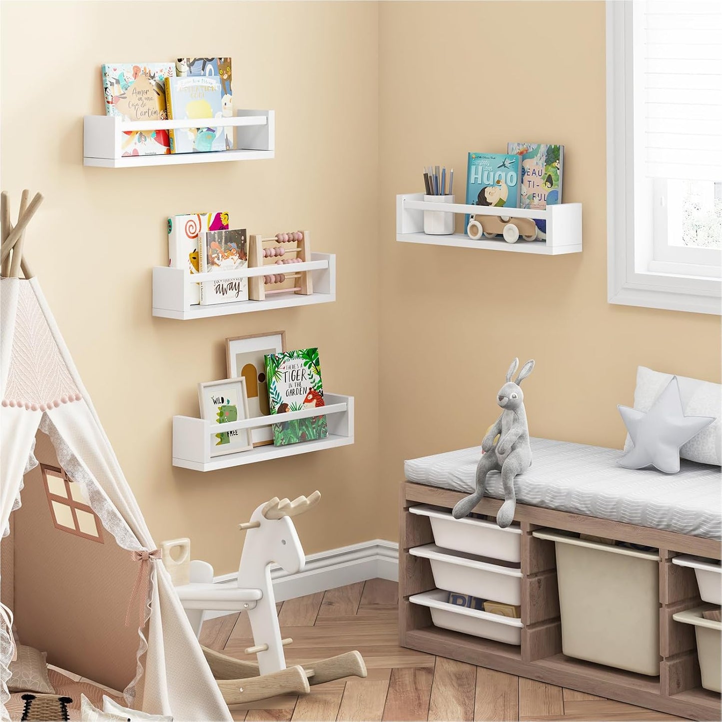 Fixwal Floating Book Shelves for Wall, 16.5 Inch Nursery Book Shelves for Playroom Decor, Set of 4, Solid Wood Wall Mounted Shelves for Books and Toys Storage (White)