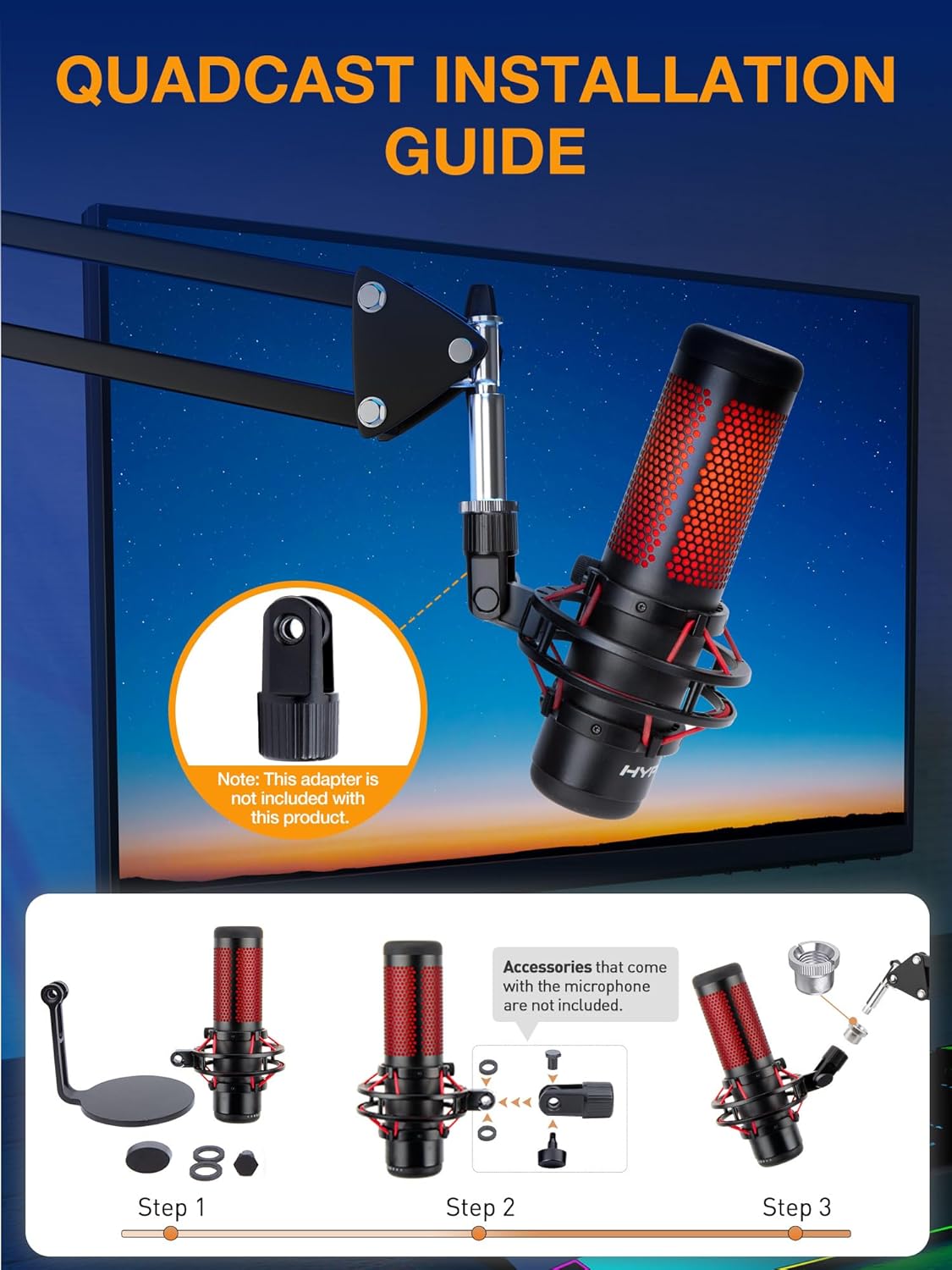 QuadCast Boom Arm, Mic Arm for Blue Yeti HyperX QuadCast SoloCast Fifine AM8 and Most Microphone, Mic Stand Desk with 3/8" to 5/8" Adapter by SUNMON
