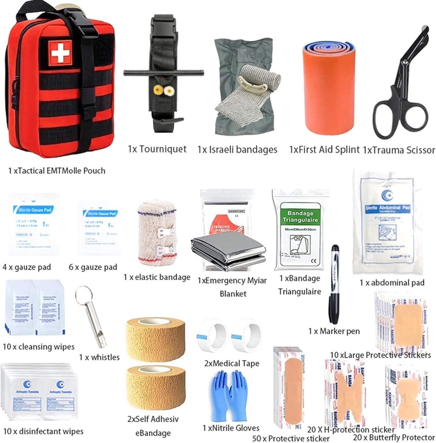 IFAK Trauma Kit with Tourniquet, 6-Inch Bandage, Splint, Tactical First Aid Kit for Car, Camping, Hiking and Travel with Molle Bag