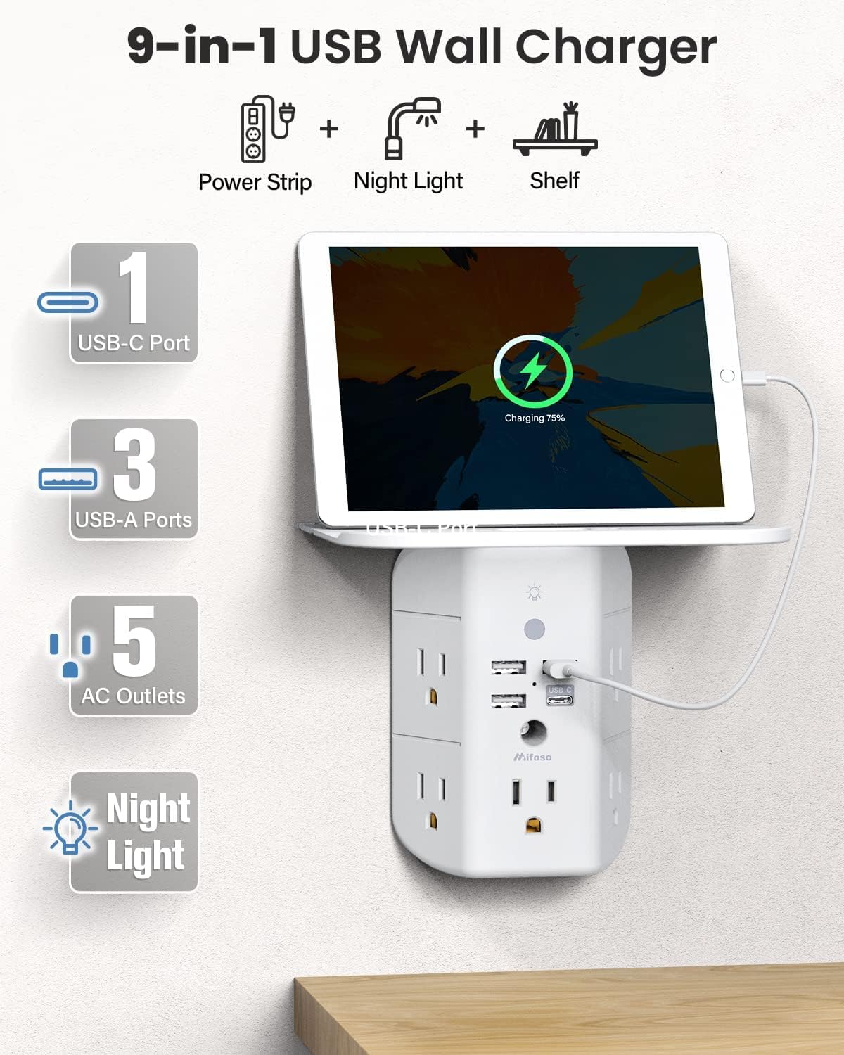 Wall Outlet Extender with Shelf and Night Light, Surge Protector, Wall Mount Charger Multi Plug Expander with 5 AC Outlets and 3 USB A Ports 1 USB C, Wide Space 3-Sided Power Strip Multi Plug Outlets