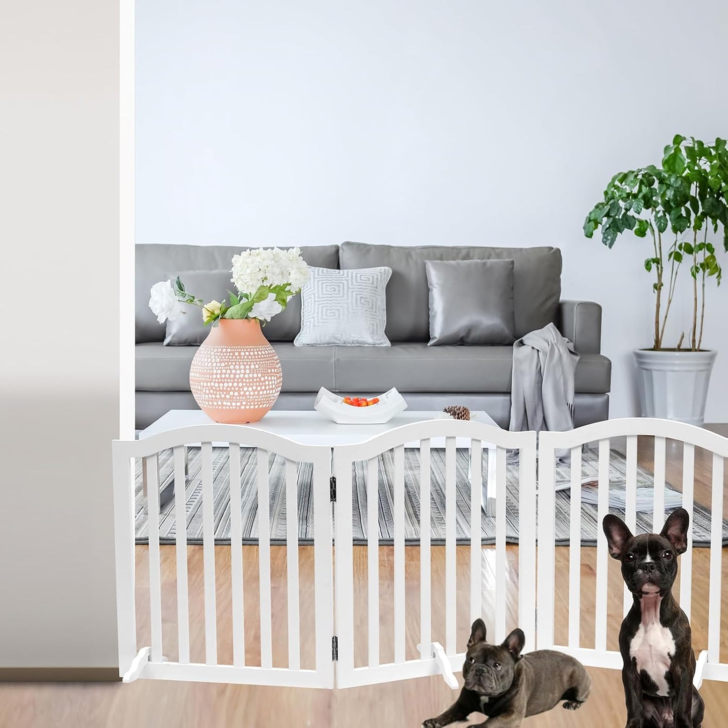 Foldable Wooden Dog Gate - 3-Panel Freestanding Pet Fence, 23.6 Inches, White - Suitable for Doorways & Stairs, Also Works as Baby Gate.