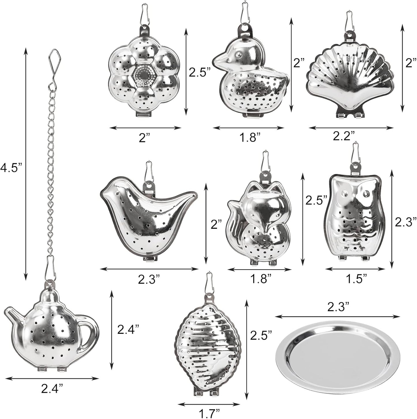 Elsjoy Set of 8 Loose Leaf Tea Infusers with Chain and 8 Drip Trays, 18/8 Stainless Steel Tea Balls Cute Tea Steepers, Mini Tea Strainer Tea Filter Set for Mugs, Tea Cups, Teapots, 16 Pcs