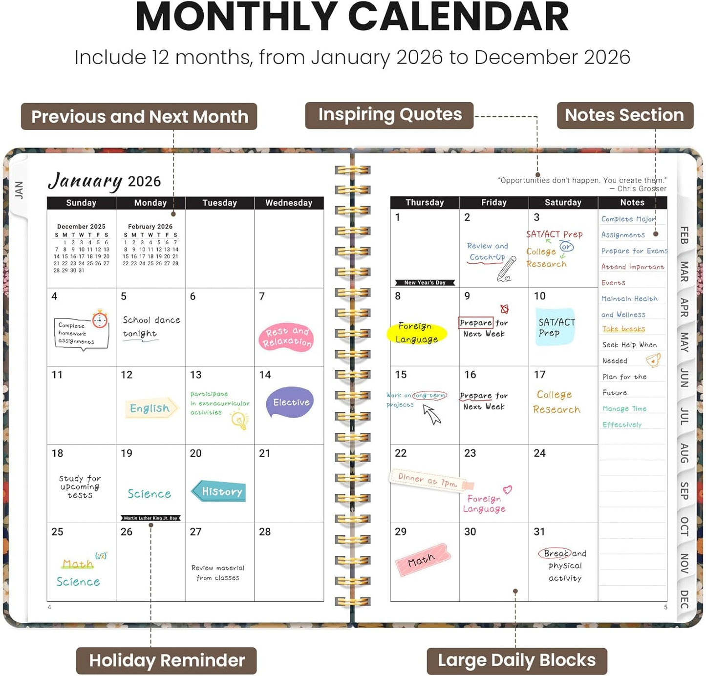 2026 Planner, Weekly and Monthly Planner for Women, January 2026 - December 2026, Hardcover 2026 Calendar Planner Book with Tabs, Inner Pocket, Spiral Bound, Perfect for Office Home School Supplies -A5 (6.3" x 8.5), Petals