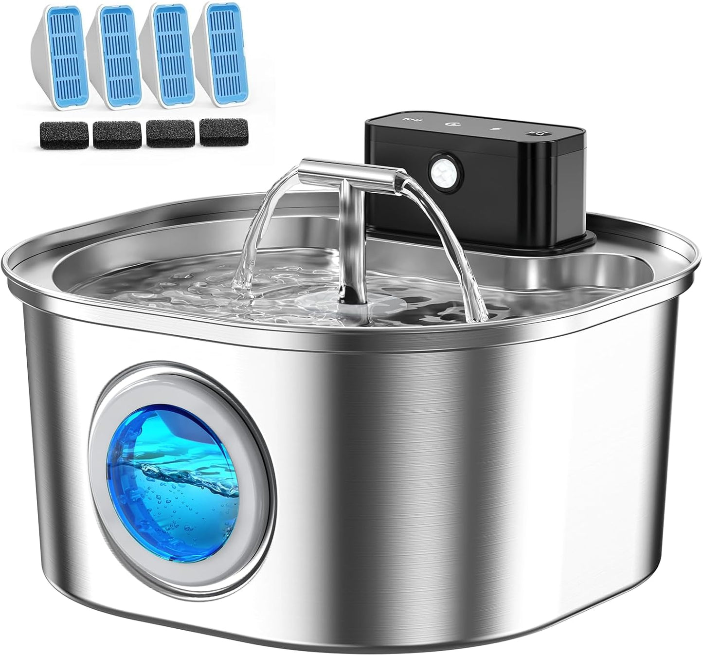Voluas Stainless Steel Wireless Cat Water Fountain: 3.2L/108oz 3-Modes Pet Drinking Fountain Indoor Cordless Motion Sensor with Pet Water Dispenser Bowl with Water Level Window, BPA-Free, 4Filter