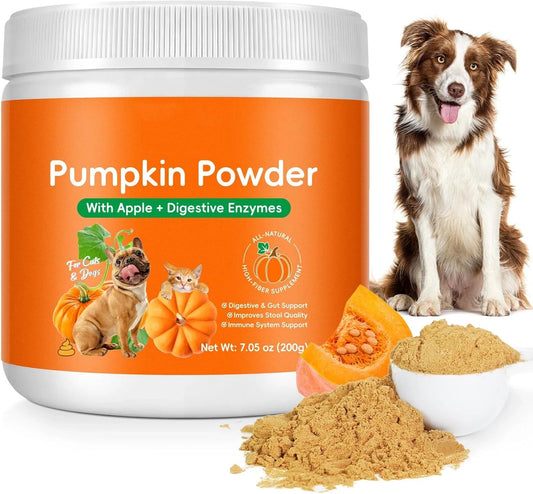 Organic Pumpkin Powder for Dogs & Cats, High Fiber Digestive Support with Enzymes & Apple, Helps Firm Stool, Relieve Constipation & Diarrhea, Easy Mix Pumpkin Puree Topper, 7.05 oz (200 g)
