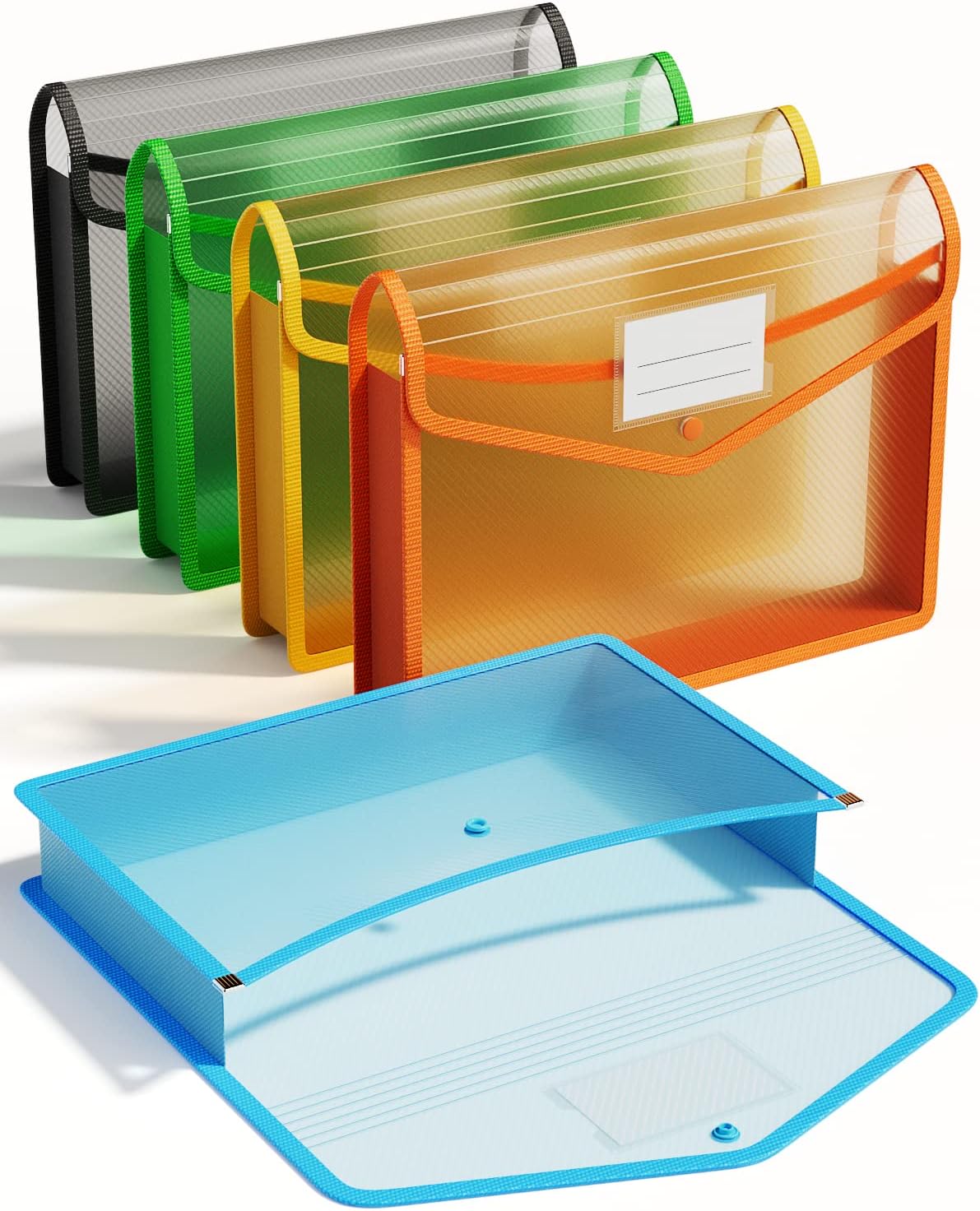 ThinkTex Plastic Expanding File Folder, Transparent Envelopes with Snap Closure, No Dividers, Large Capacity, Assorted Colors, Fits Letter / A4 Size - 5 Pack