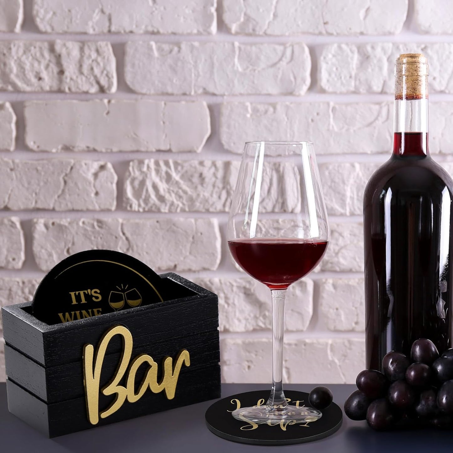 Wine Gifts Coasters for Women Set of 6 Wine Accessories for Lovers House Warming Gifts New Home Funny Cocktail Coasters with Holder for Adults Bar Party, 4 Inch(Black)