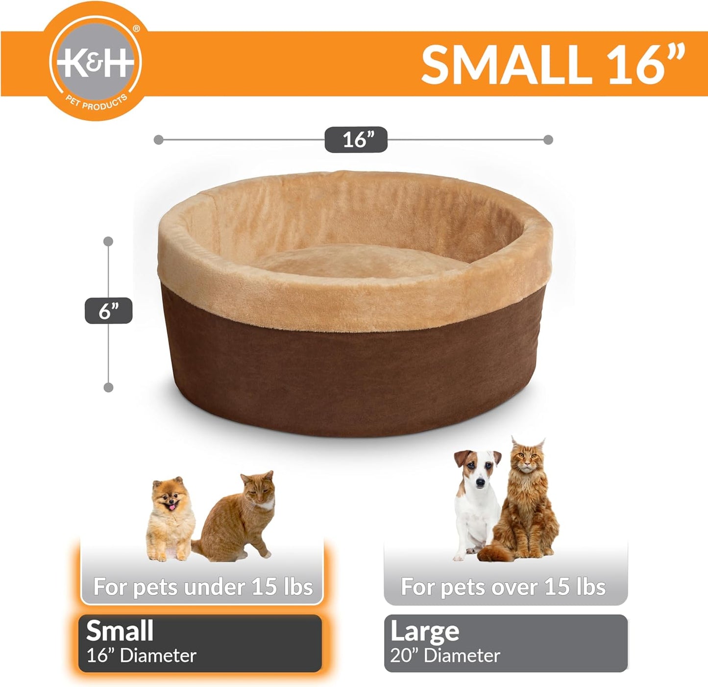 K&H Pet Products Thermo-Kitty 실내 고양이 및 개를 위한 온열 고양이 침대, 진정 보온 베개 반려동물 침대, 세탁기 사용 가능, 탈착식 히터, 안전 등록 - 스몰 40.6cm(16인치) 원형 모카/탠