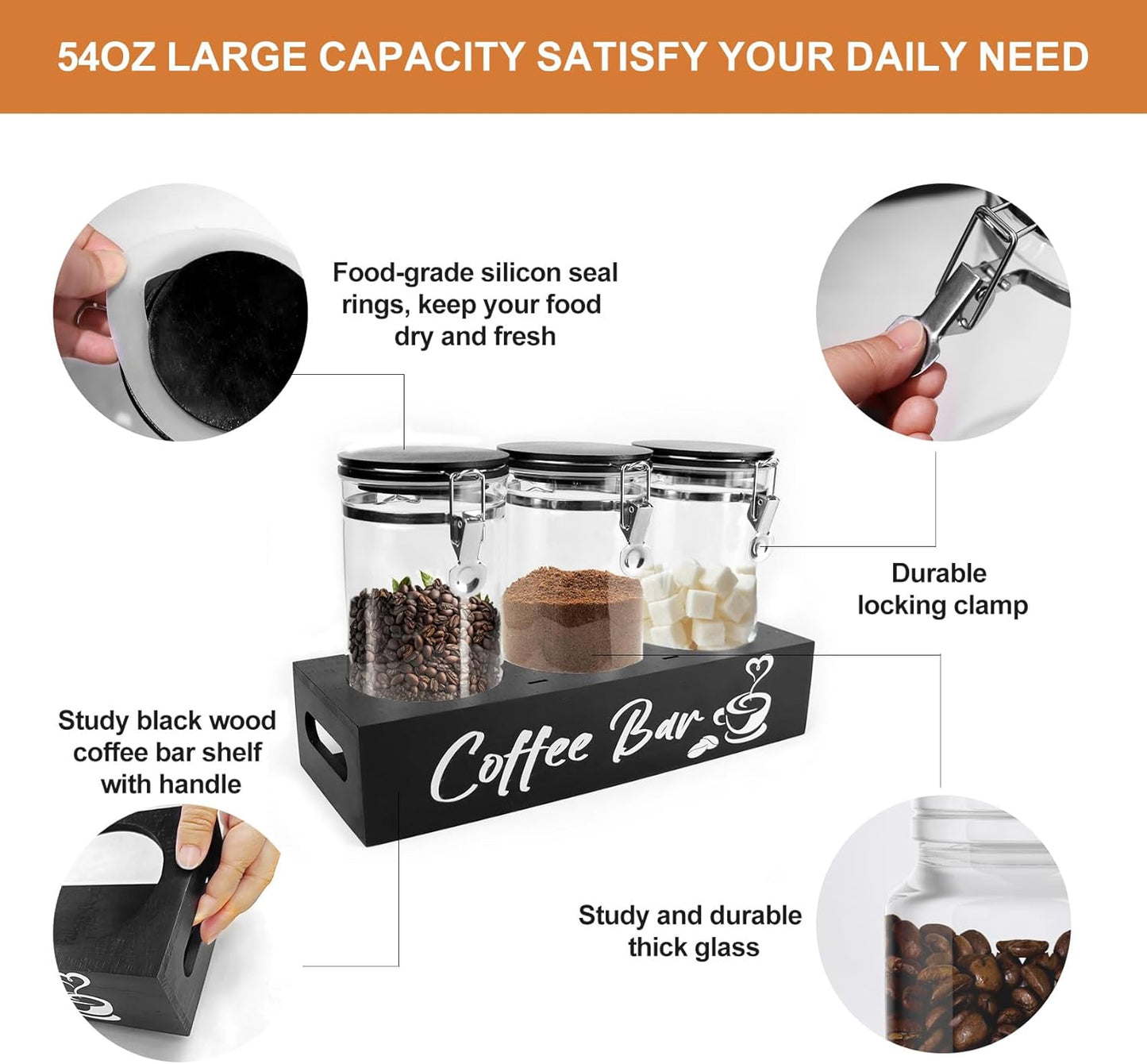 Glass Coffee Containers with Shelf Coffee Station Organizer 54oz Black Glass Coffees Bean Storage Canister with Spoon Coffee Canister Set Kitchen Food Storage Jars for Coffee/Sugar/Candy
