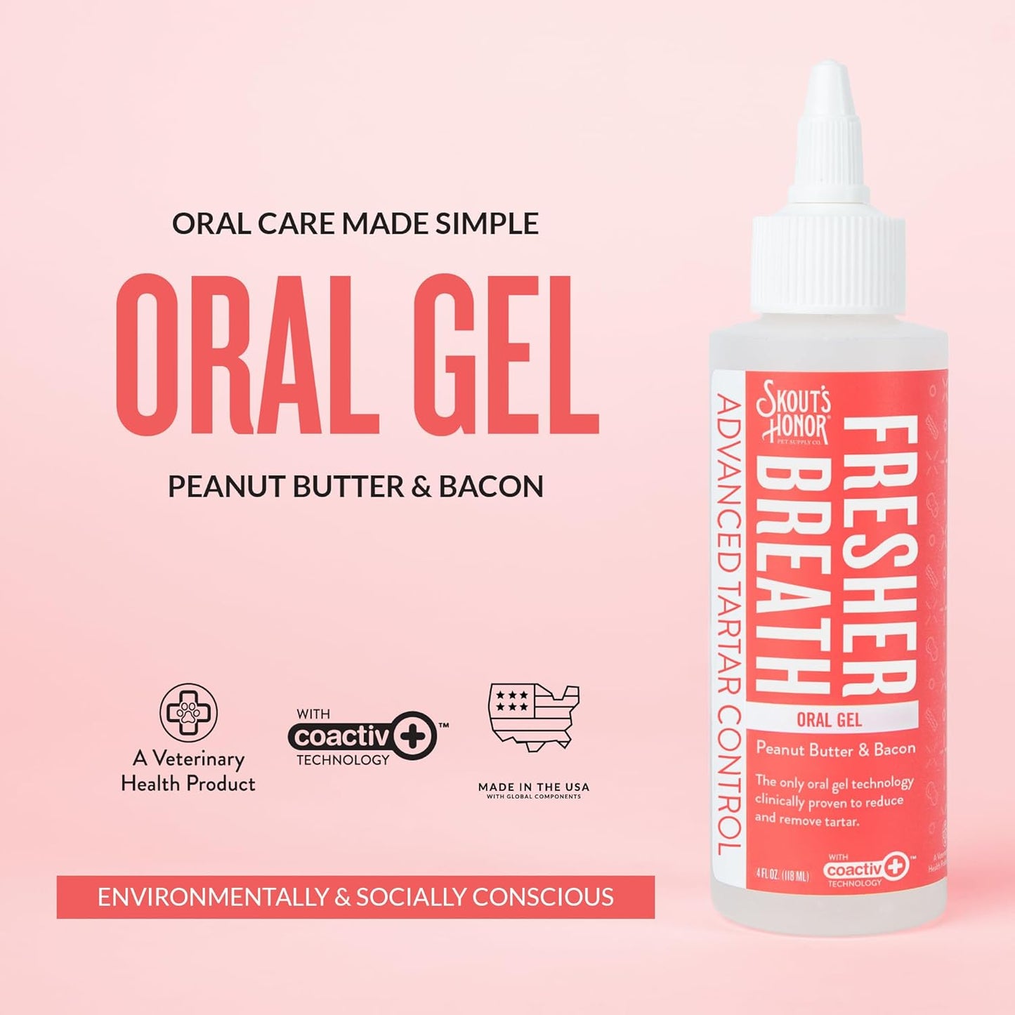SKOUT'S HONOR Fresher Breath Peanut Butter & Bacon Oral Gel - Fights Plaque and Tartar, Freshens Breath Fast, No Brushing Required, 4 oz, 2-Pack