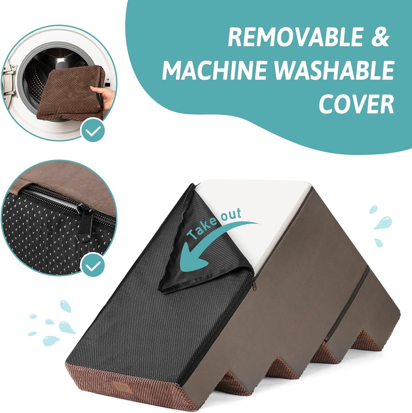 Dog Stairs with Detachable Zipper, 19.7" Extra Wide Right-Angle Pet Stairs for Bed, Anti-Slip Dog Steps for Lowrider and Puppy, Elderly Cats with Support Board, 19.7x29.5x23.6 inch, Brown