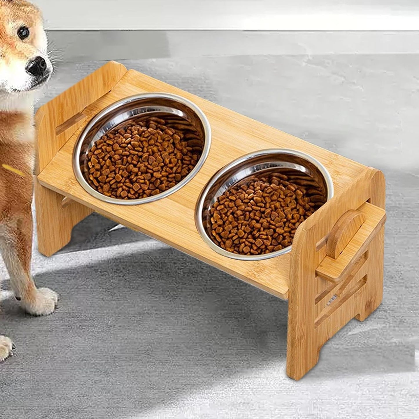 Dog Feeding Station, Tilt Raised Double Bowls, Adjustable Height Stainless Steel Pet Stand for Dogs and Cats