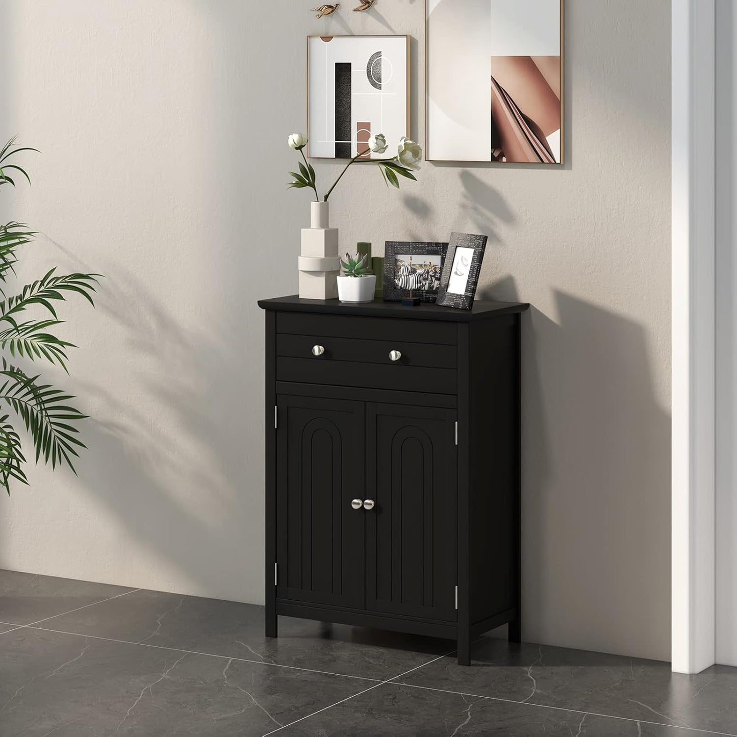 COSTWAY Bathroom Floor Cabinet, Wooden Side Storage Organizer w/Larger Drawer, Adjustable Shelf & 2-Door Cupboard, Freestanding Storage Cabinet for Living Room, Kitchen, Entryway (Black)