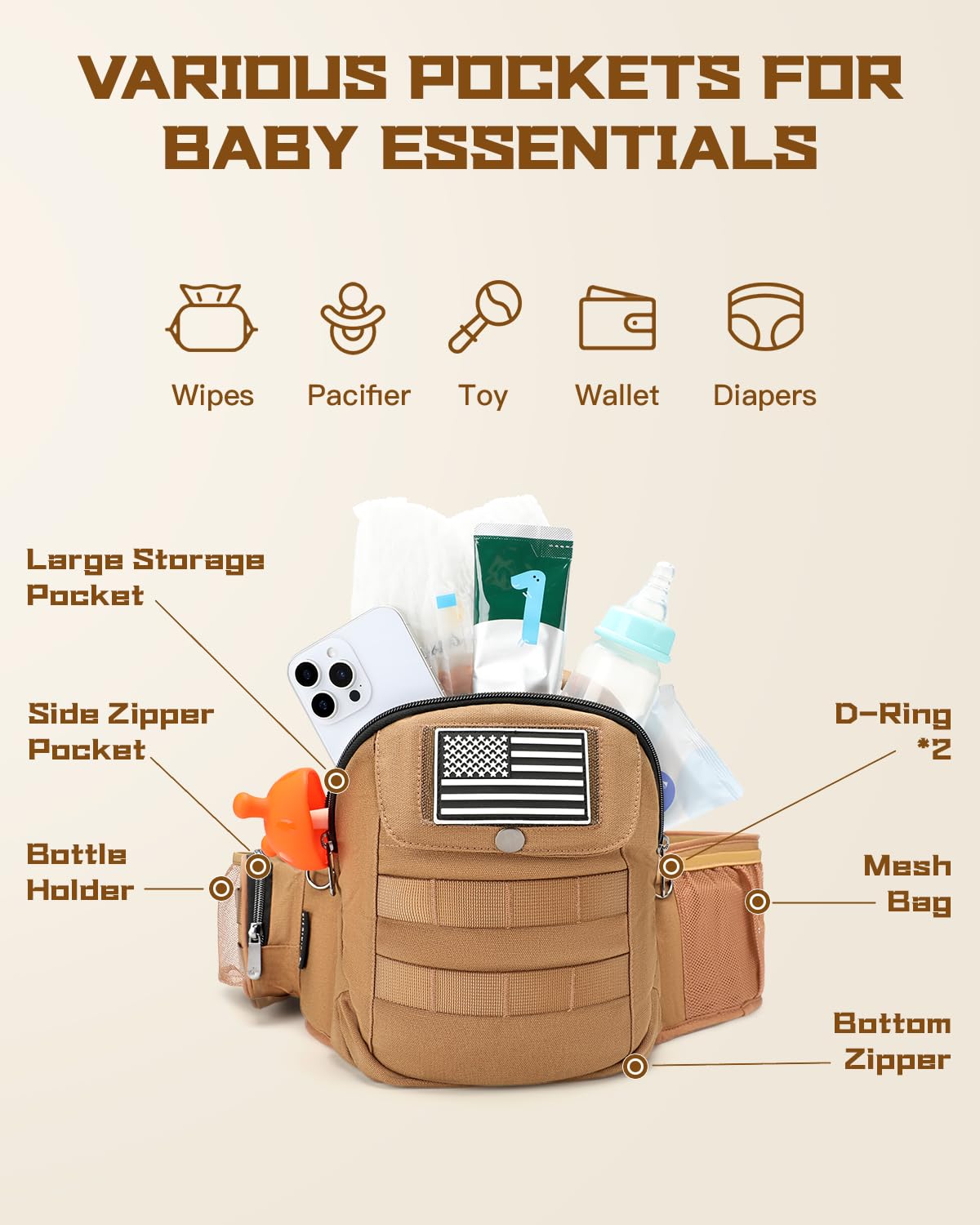 Dinictis Baby Hip Carrier for Dad, Ergonomic Tactical Waist Carrier with Hip Seat for Newborn to Toddler (Up to 45 lbs), Adjustable Wide Waistband, Molle Webbing & Multiple Pockets, Coyote Brown