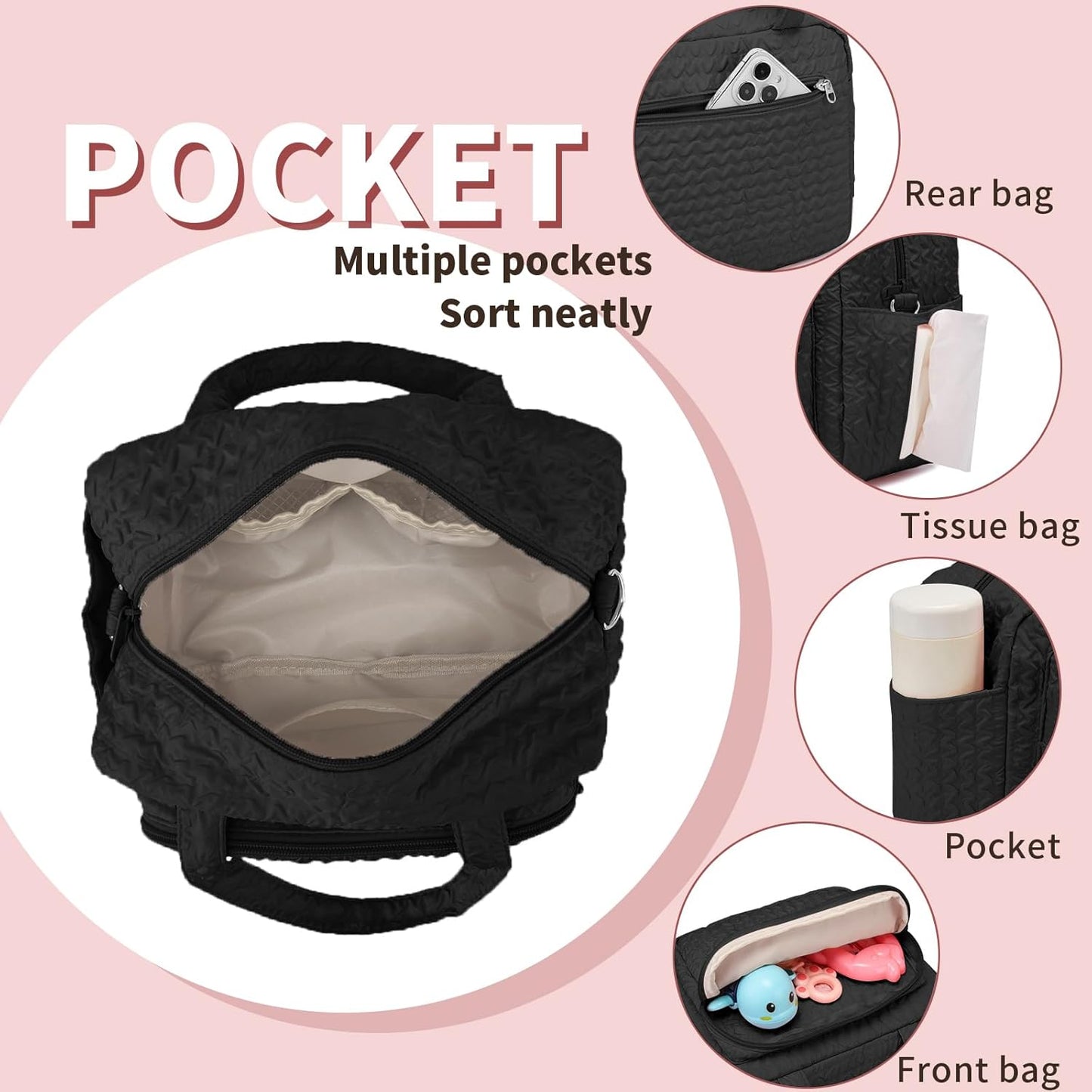 Small Diaper Bag Tote, Crossbody Diaper Bag Mini Purse with 8 Pockets, Travel Baby Bag for boys & Girls, 2 Insulated Pockets, Black