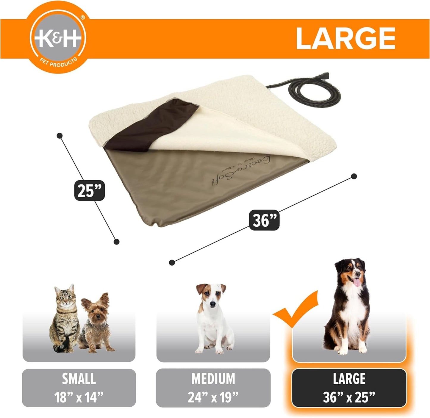 K&H Pet Products Lectro-Soft Orthopedic Outdoor Heated Dog or Cat Bed for Large Dogs or Multiple Cats, Safety Listed Warming Pad, Waterproof, Soft & Flexible, Washable Cover - Large 36 X 25in Tan 60W