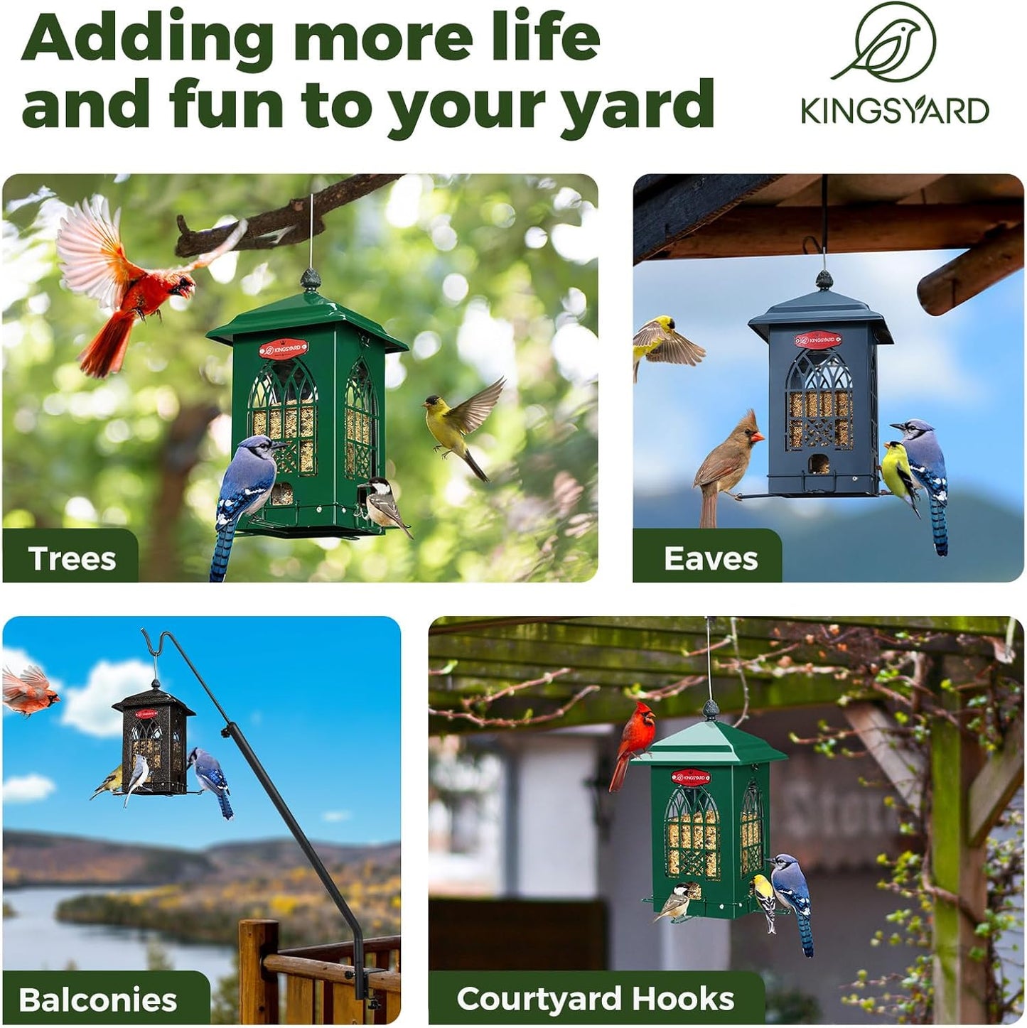 Kingsyard Squirrel Proof Bird Feeders for Outdoors with Weight-Activated Perches, 5 Lbs Capacity Large Metal Bird Feeder House for Small Wildbirds Cardinal Finch Bluebird, Weatherproof, Green