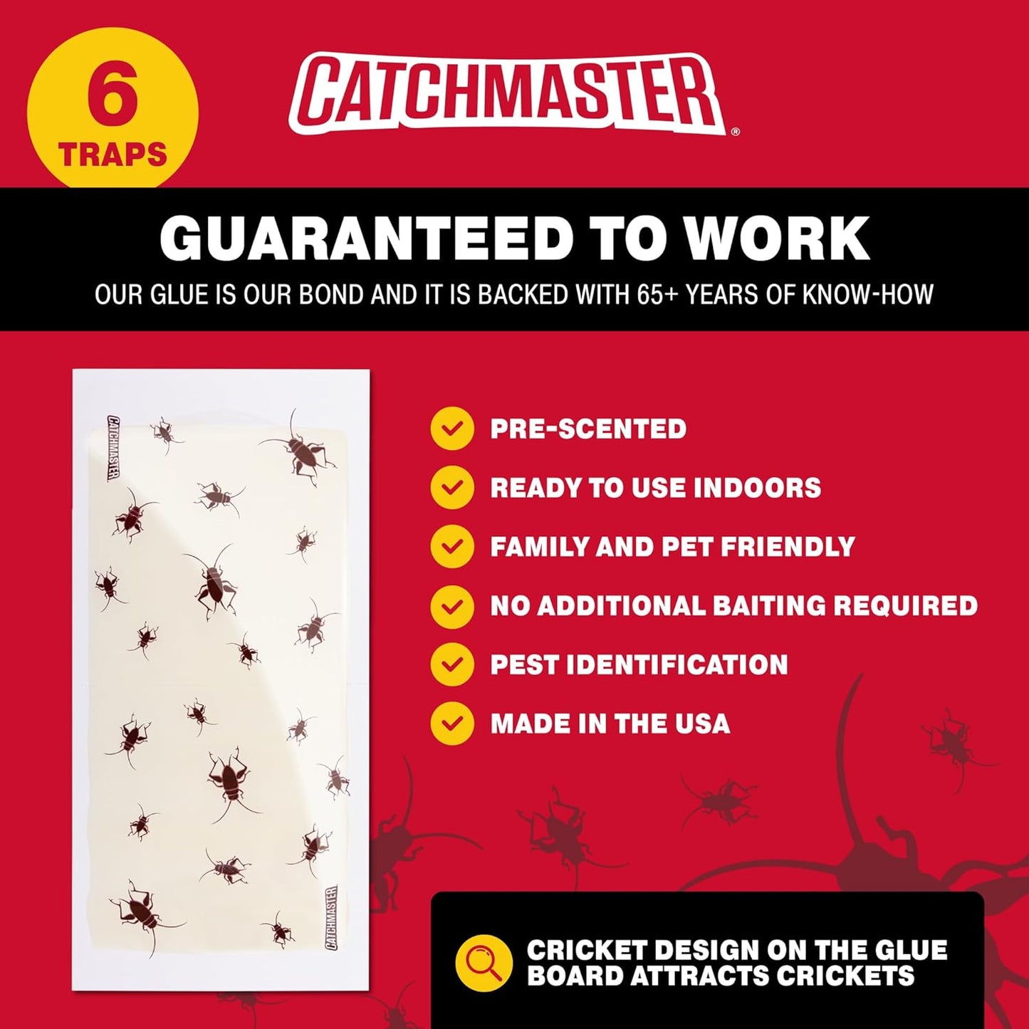 Catchmaster Cricket XL Giant Glue Boards 6-Pk, Adhesive Bug Catcher Cricket Traps Indoor, Sticky Trap for Inside Your Home, Bulk Insect Killer, Insect Traps for House & Garage, Pest Control for Home