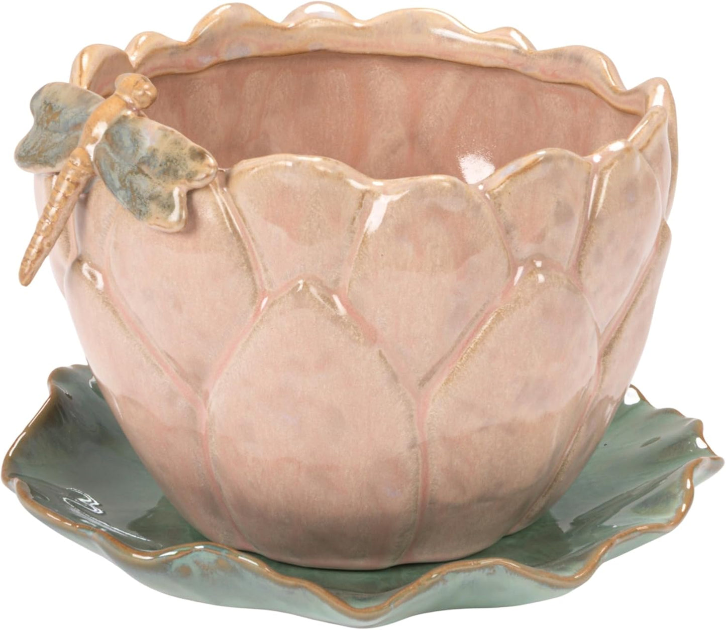 Creative Co-Op Stoneware Flower Shaped Planter with 3D Dragonfly and Leaf Saucer in Reactive Glaze, Multicolor