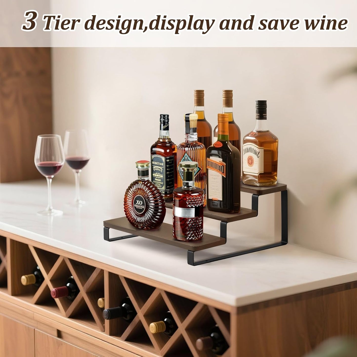 Mkono Small Liquor Bottle Display Shelf 3 Tier Coffee Bar Accessories Rustic Syrup Stand Wine Racks Countertop for Whiskey Tabletop Kitchen,13 Inch