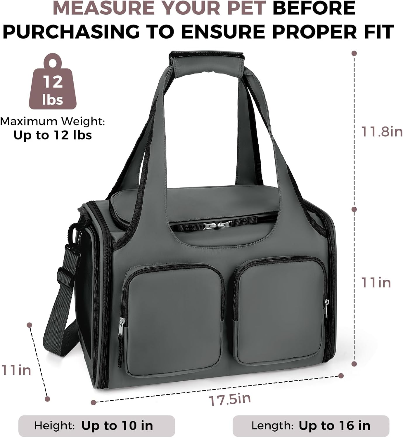 Dog, Cat Carrier for Pets Up to 12 Lbs, Airline Approved Collapsible Soft-Sided Pet Travel Bag with Locking Zippers, Breathable Mesh and 4 Large Pockets, Removable Fleece Pad (Dark Grey)