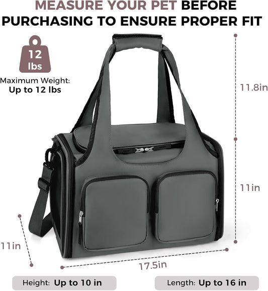 Dog, Cat Carrier for Pets Up to 12 Lbs, Airline Approved Collapsible Soft-Sided Pet Travel Bag with Locking Zippers, Breathable Mesh and 4 Large Pockets, Removable Fleece Pad (Dark Grey)