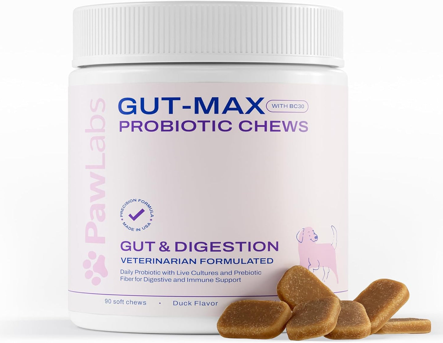 PAWLABS Gut Max Probiotic Chews - Natural, Vet Formulated Digestive & Immune Support - Relieves Diarrhea, Constipation - with Patented BC30™ Bacillus Coagulans - Duck Flavor - 90 Soft Chews