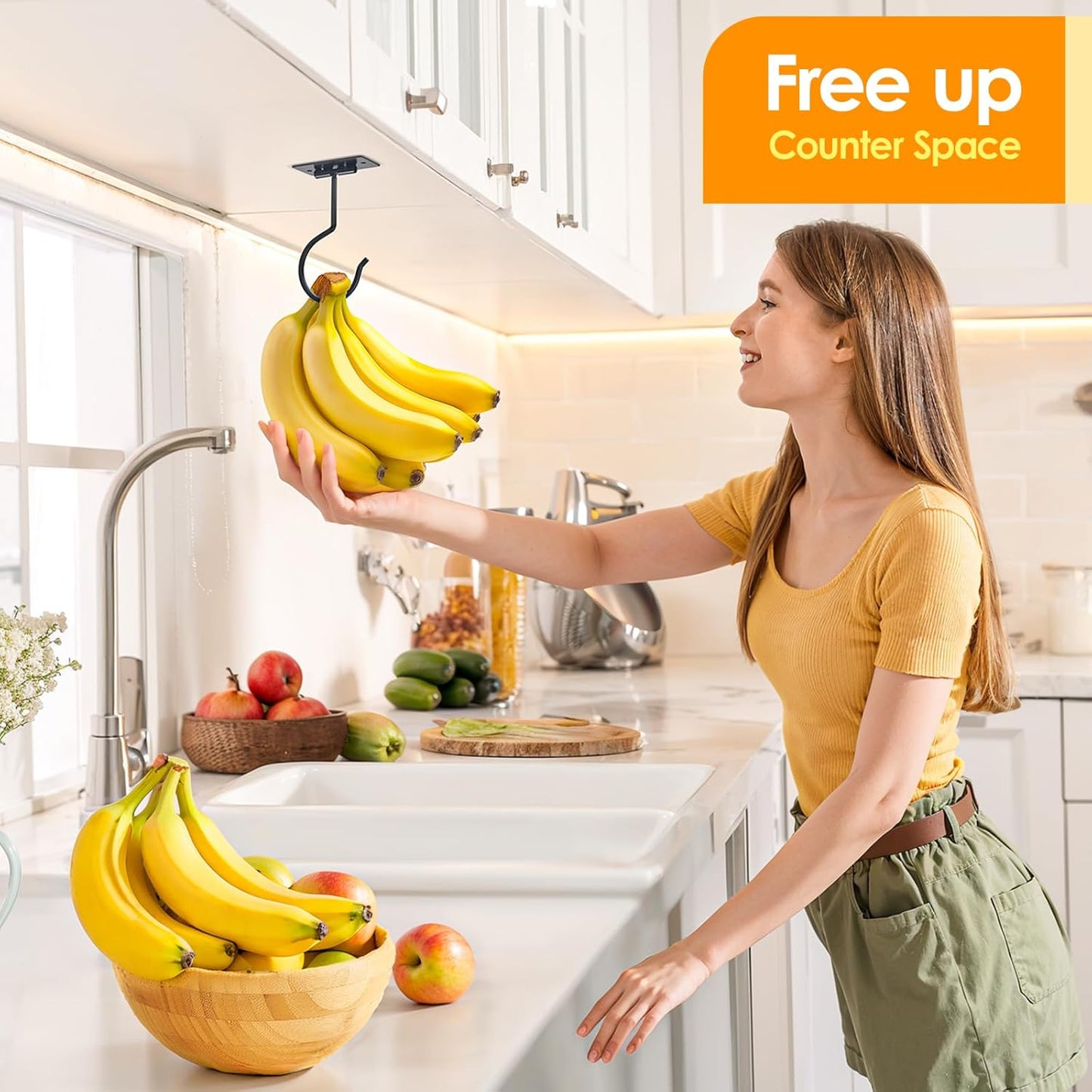 Self Adhesive Banana Hook Under Cabinet Foldable Banana Hanger Black Metal Under Counter Banana Hook to Keep Bananas Fresh Banana Holder for Kitchen RV Space Saving