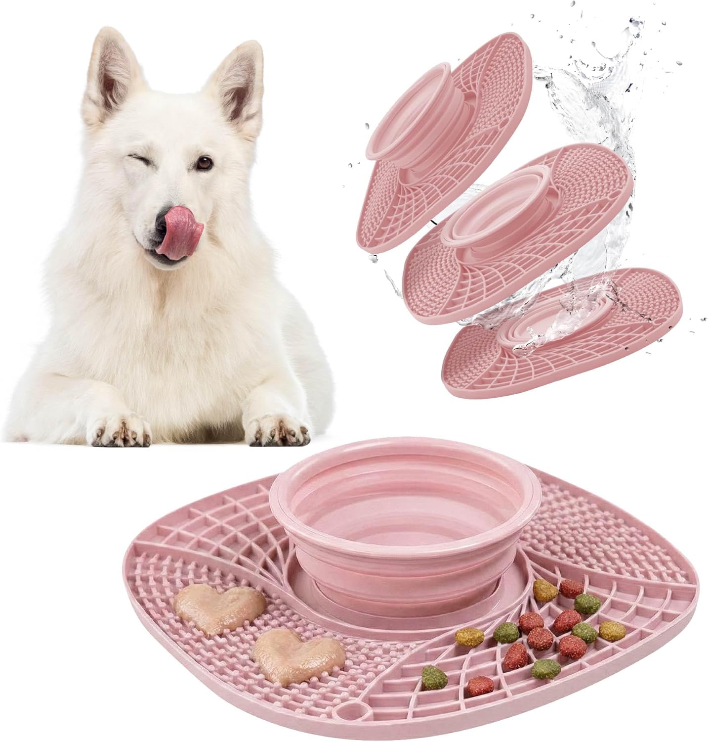 BelleBête & Co. 3-in-1 Pet Slow Feeder Bowl Lick Mat with Collapsible Bowl for Dog & Cat – Food-Grade Material & Non-Slip Base for Kibble, Dry and Wet Food, Digestive Health & Reduce Anxiety | Pink