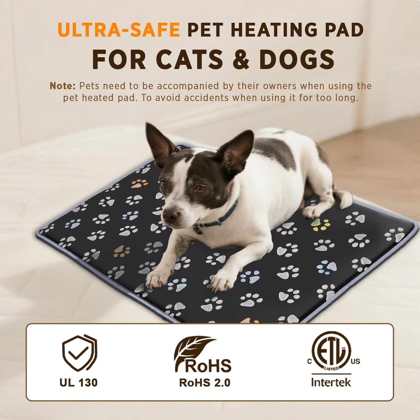 furrybaby Dog Heating Pad (24 x 16 in), Waterproof Pet Heating Pad for Dogs & Cats, Timer or Always-On Mode, Adjustable Temperature, Chew-Resistant, Black
