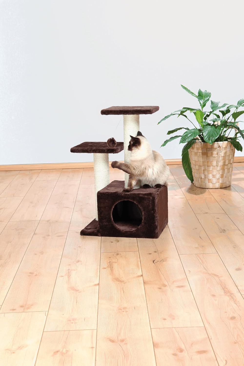 TRIXIE Valencia Scratching Post with Condo, Two Platforms, Dangling Cat Toy, Brown