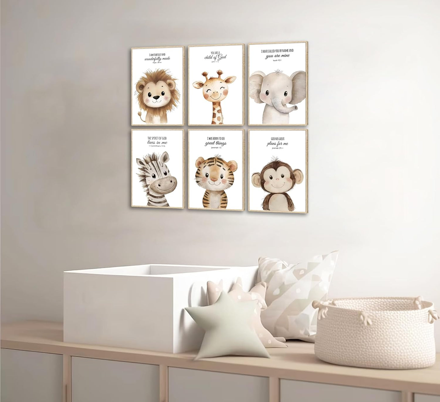 6Pcs Nursery Bible Verse Animal Wall Art Cute Woodland Animals Christian Picture Wall Decor Lions Elephant Giraffe Poster Print Artwork for Classroom BabyBedroom Boys Girls Home Decoration Unframed