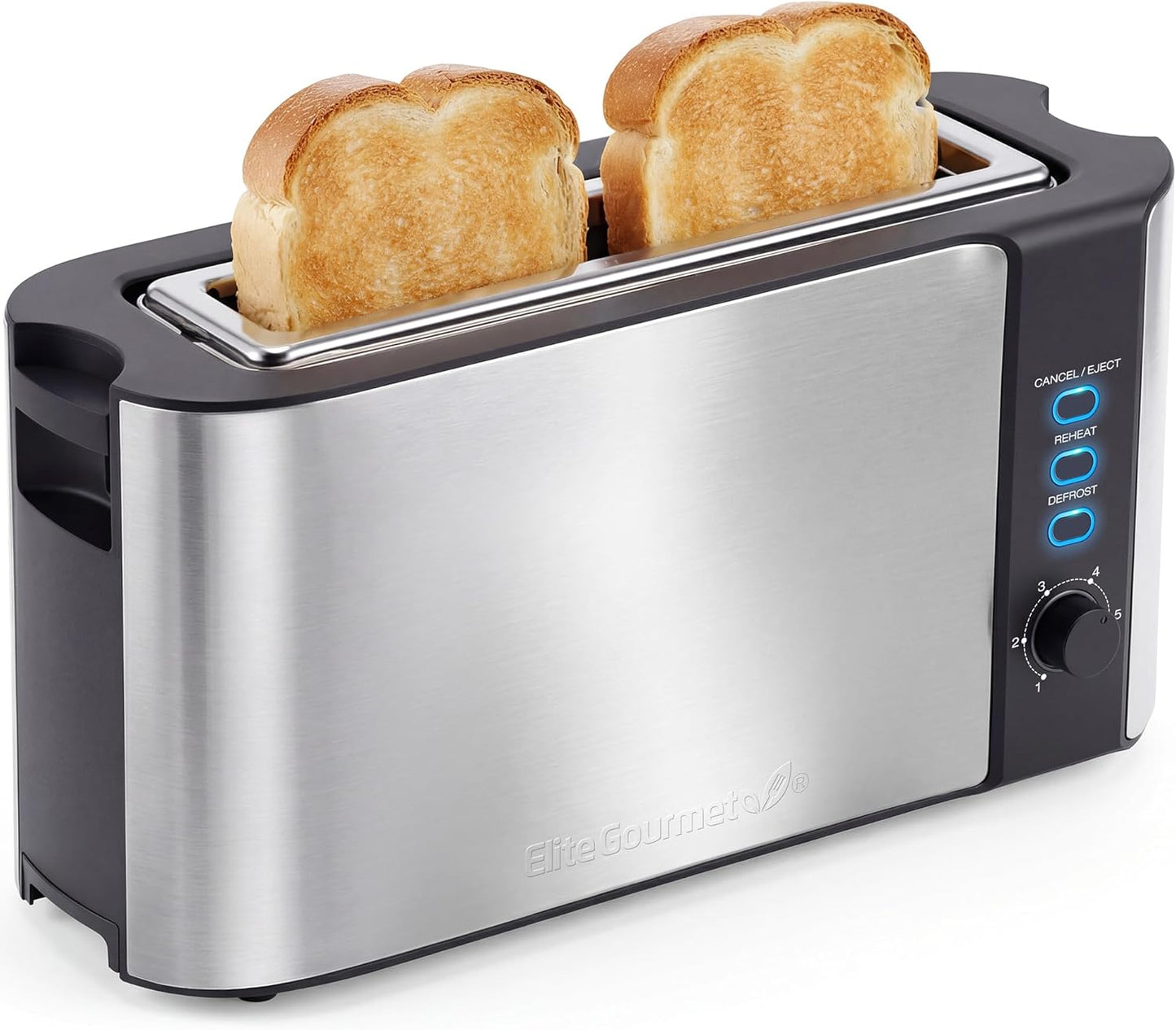 Elite Gourmet ECT3200 2-Slice, 1 Long Slot, Slim Toaster, Reheat, 6 Toast Settings, Defrost, Cancel Functions, Built-in Warming Rack, Extra Wide Slots for Bagels Waffles, Stainless Steel & Black