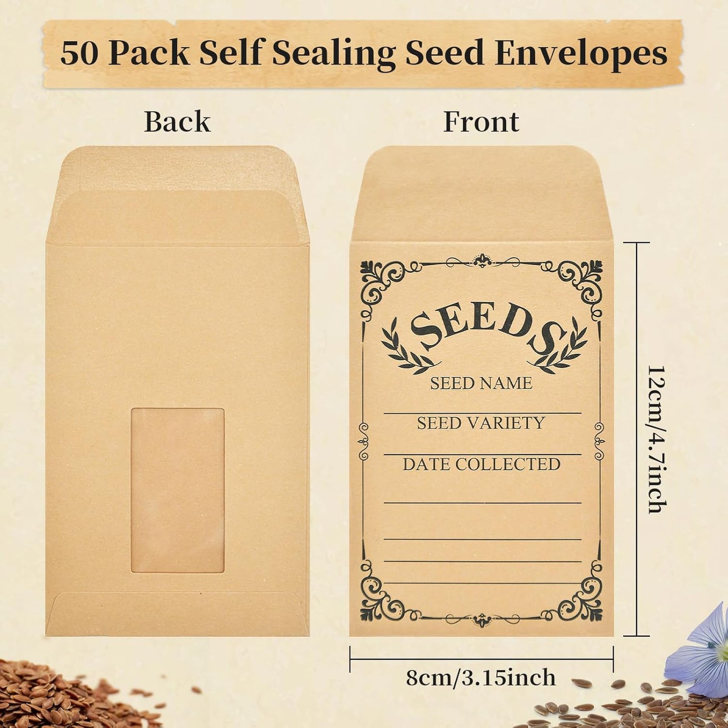 50-Pack Seed Packets Envelopes with Clear Window, 4.72 x 3.15 Inch Small Kraft Paper Seed Bags, Bulk Seed Storage Organizer with Preprinted Collecting Template for Garden Flower Vegetable Seeds Saving
