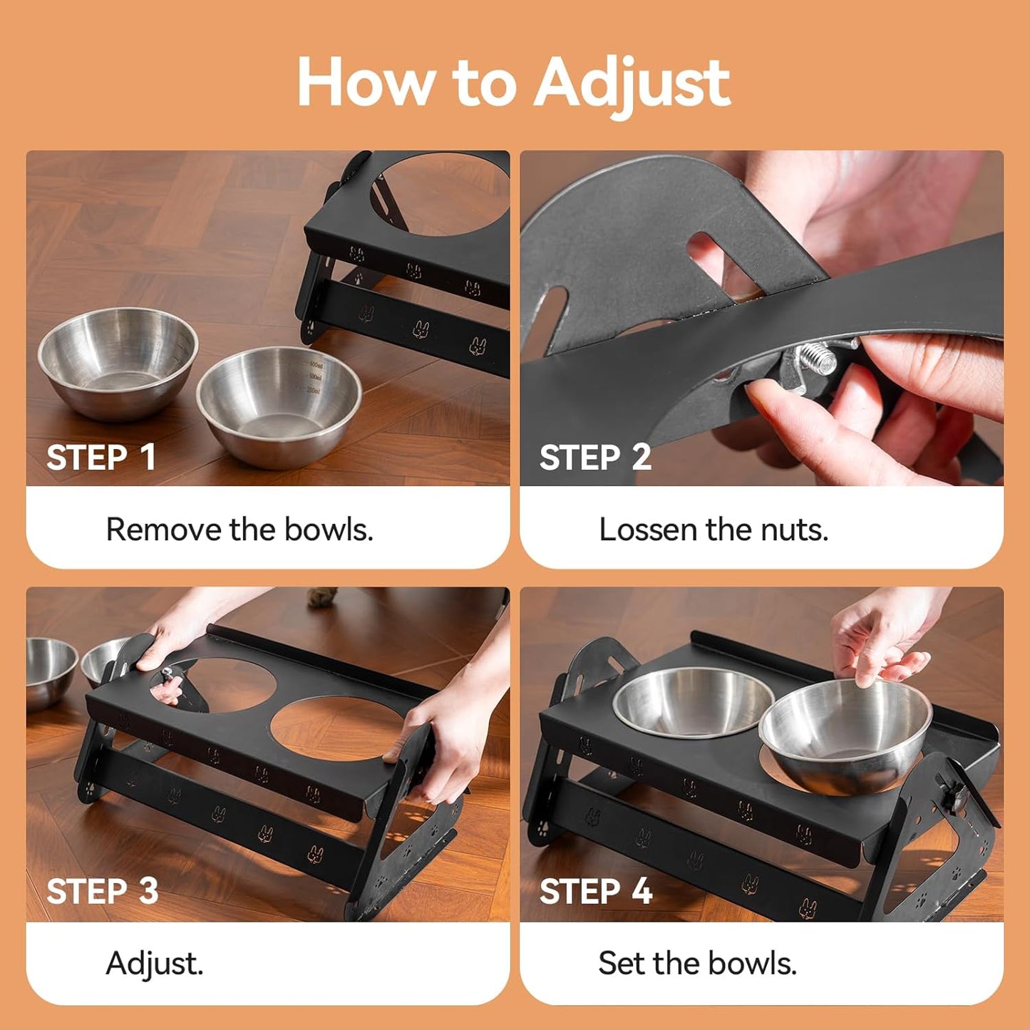 Elevated Dog Bowls with 2 400ml Stainless Steel Bowls for Small Medium Dogs Cats, 3.35''-6.3'' Height Adjustable and 15° Tilted Adjustment Raised Stand, Lifted Pet Food & Water Feeder