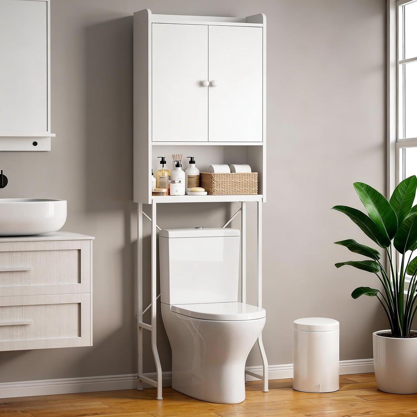 Kitsure Over The Toilet Storage Cabinet - 3 Tier Bathroom Organizers and Storage Solution with Adjustable Shelf & Bottom Bar, Anti-Tip Bathroom Storage Cabinet, White, 3 Tiers (68.1" H)
