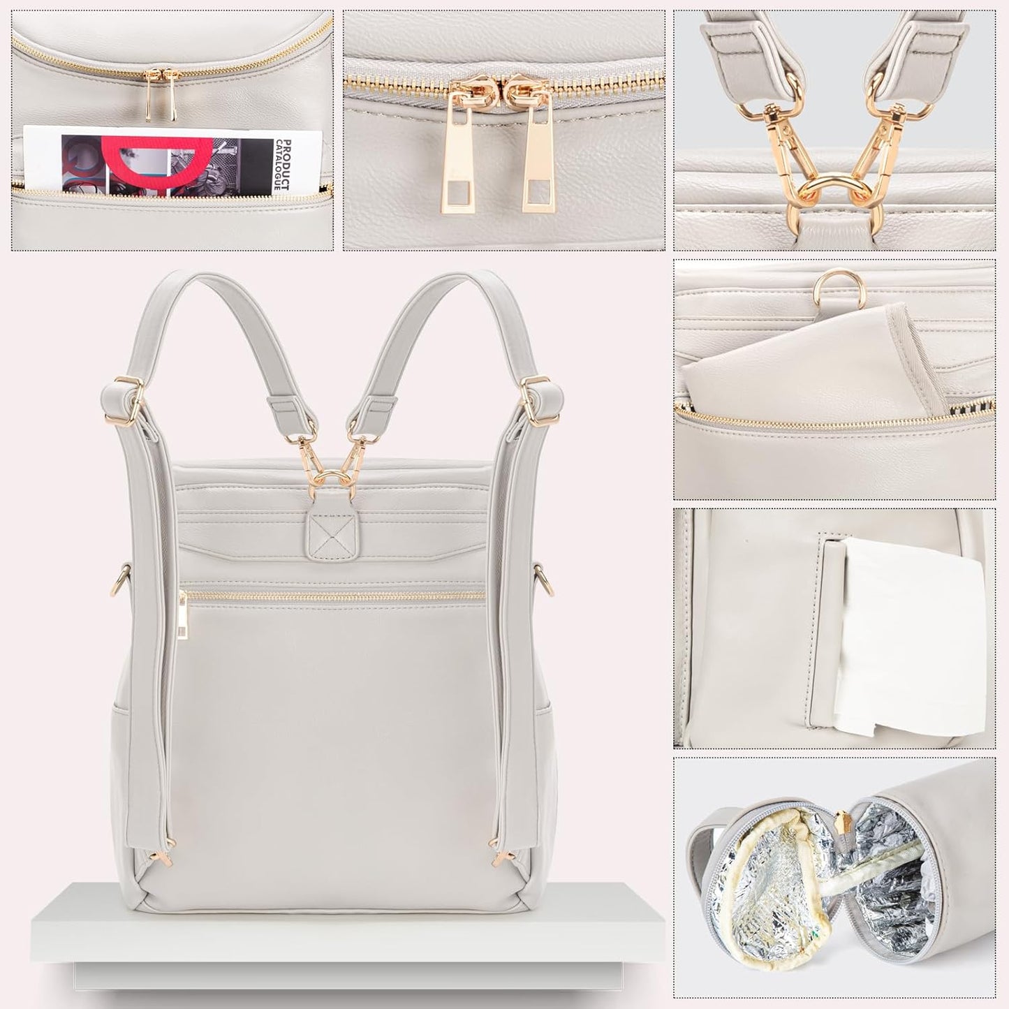 Minsong Diaper Bag Backpack, Fashion Leather Mommy Backpacks, Travel Baby Diaper Bags with in Bag Organizer and Changing Pad (Pearl White)