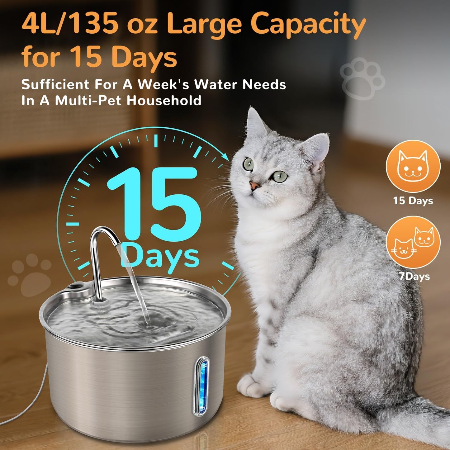 Cat Water Fountain Stainless Steel, 135oz/4L with Adjustable Pump & 3 Flow Modes, Ultra-Quiet Automatic Cat Dog Water Dispenser, Large Capacity Water Fountain for Cats, Dogs, Multiple Pets