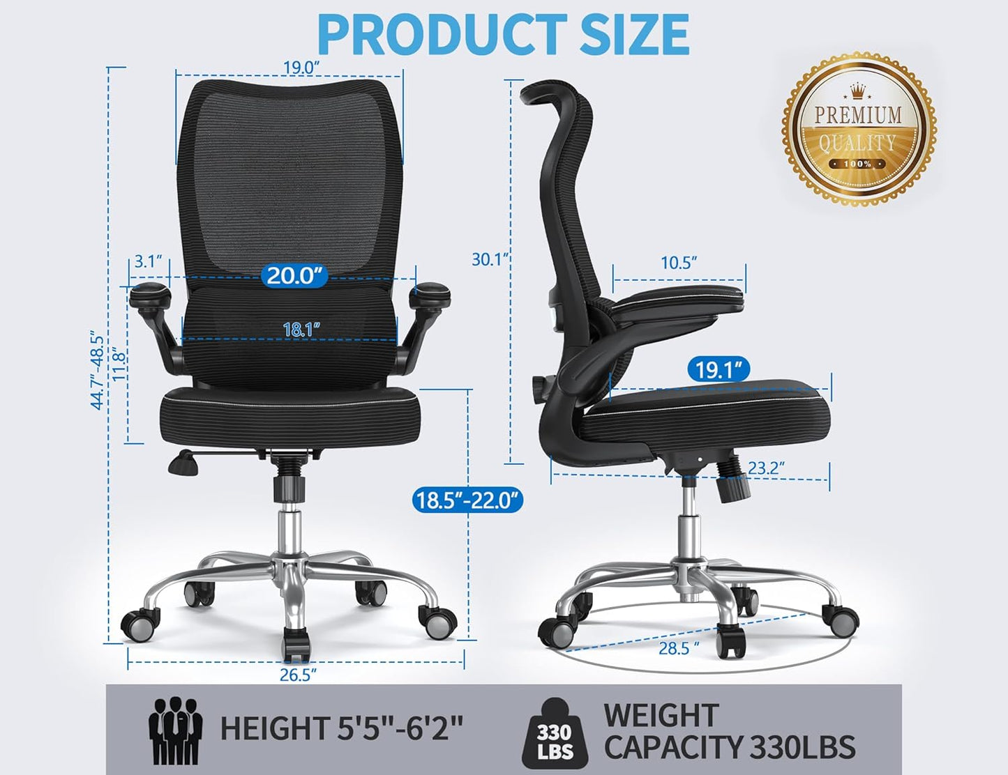 TRALT Ergonomic Office Chair - Desk Chair with Wave High Back Adjustable Lumbar Support Computer Chair - Gaming Chairs Mesh Backrest and PU Leather Seat for Home Reading Chairs to Adults(Black)