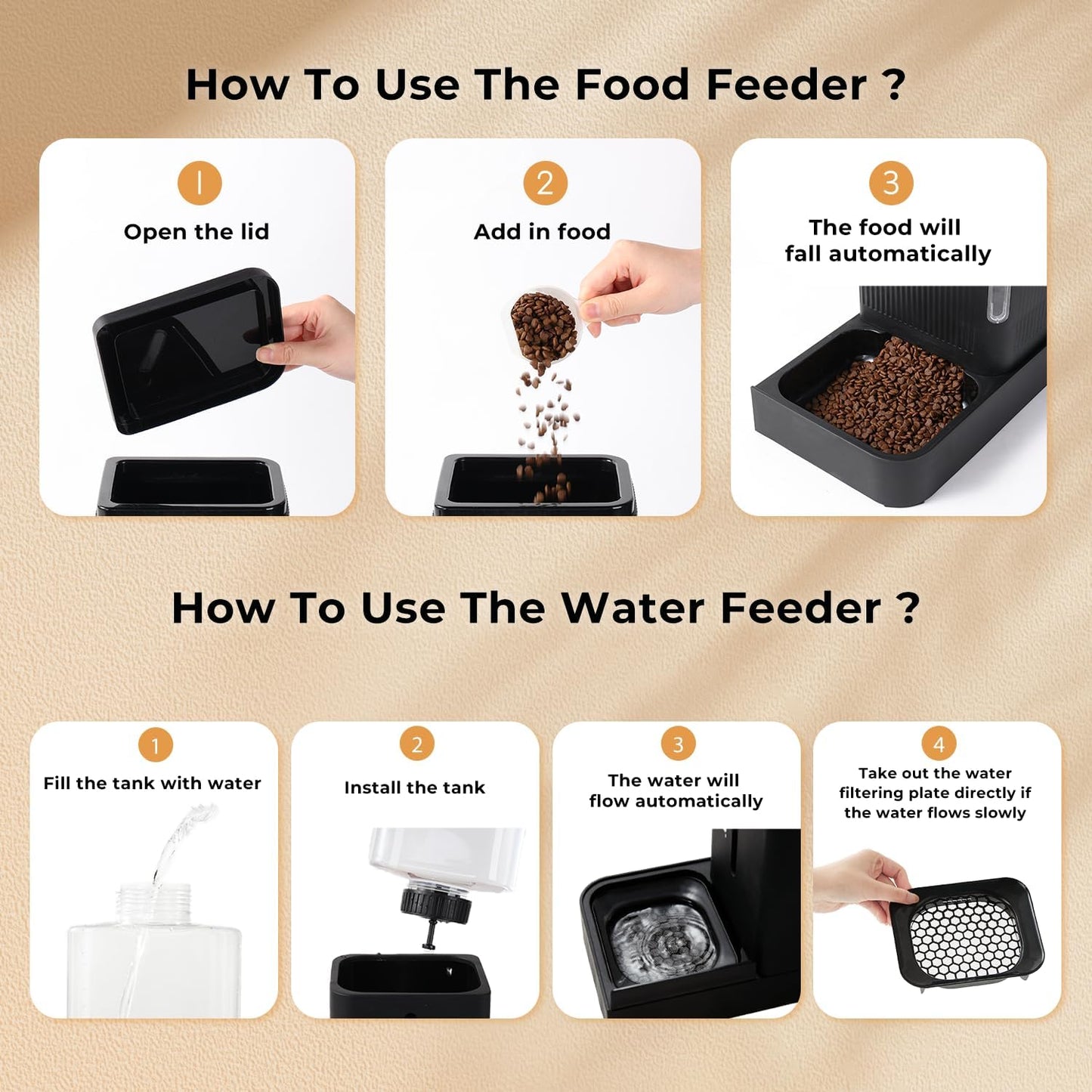 Automatic Cat Feeder and Water Dispenser Set, 2 in 1 Gravity Cat Food Dispenser with 180 Degree Rotatable, Pet Self Feeding Large Capacity for Small Dogs Puppy Kitten, Black, 0.8 Gallon x 2