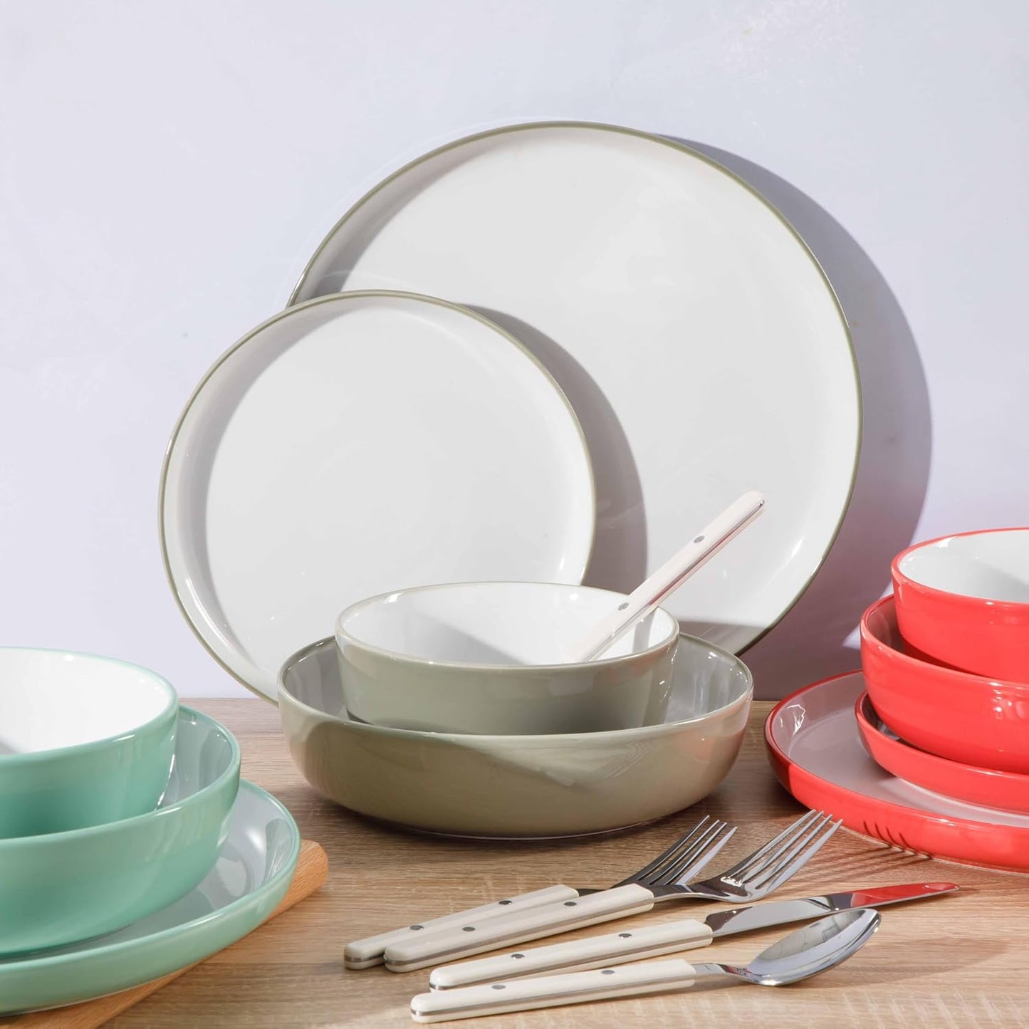 Sur La Table Kitchen Essentials 16 Piece Two-Tone Porcelain Chip and Scratch Resistant Dinnerware Plates and Bowls Set - Grey/White