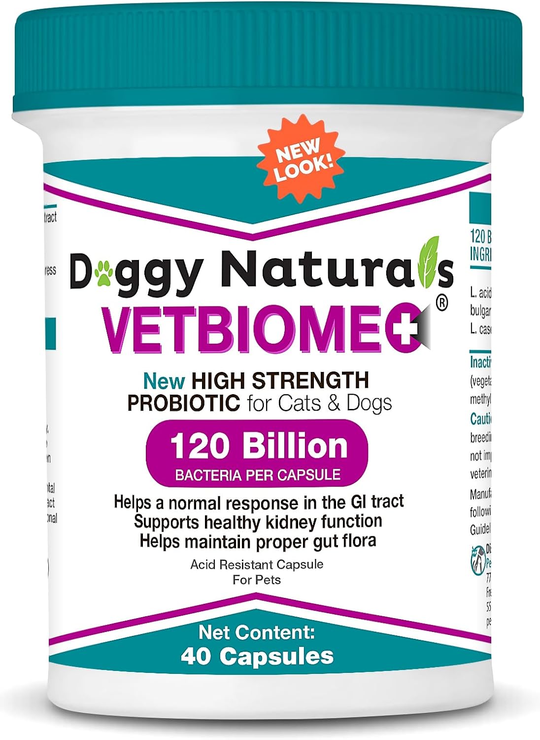 Vetbiome +® Plus High Strength Probiotics for Pets (40 Capsules) - 120 Billion CFU, 9 - Strain Formula – Third Party Tested - Made in U.S.A