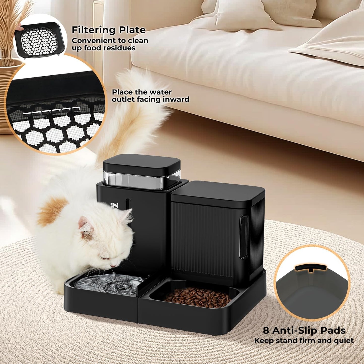 Automatic Cat Feeder and Water Dispenser Set, 2 in 1 Gravity Cat Food Dispenser with 180 Degree Rotatable, Pet Self Feeding Large Capacity for Small Dogs Puppy Kitten, Black, 0.8 Gallon x 2