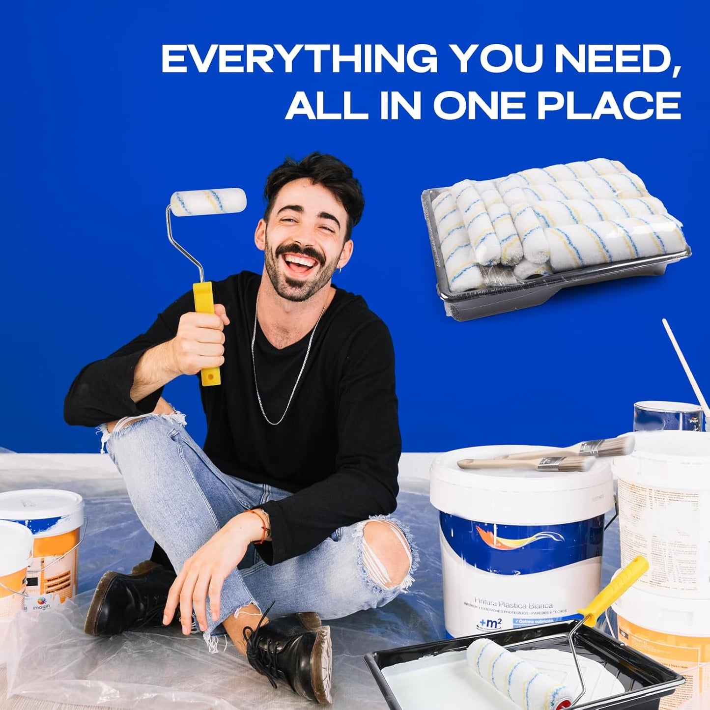 Navatiee 32PCS Paint Roller Kit with 2-4ft Extension Pole, 9" & 4" Roller Covers, Paint Brushes, Tray Liners & Tape, Professional House Painting Supplies for Walls, Ceilings & Cabinets
