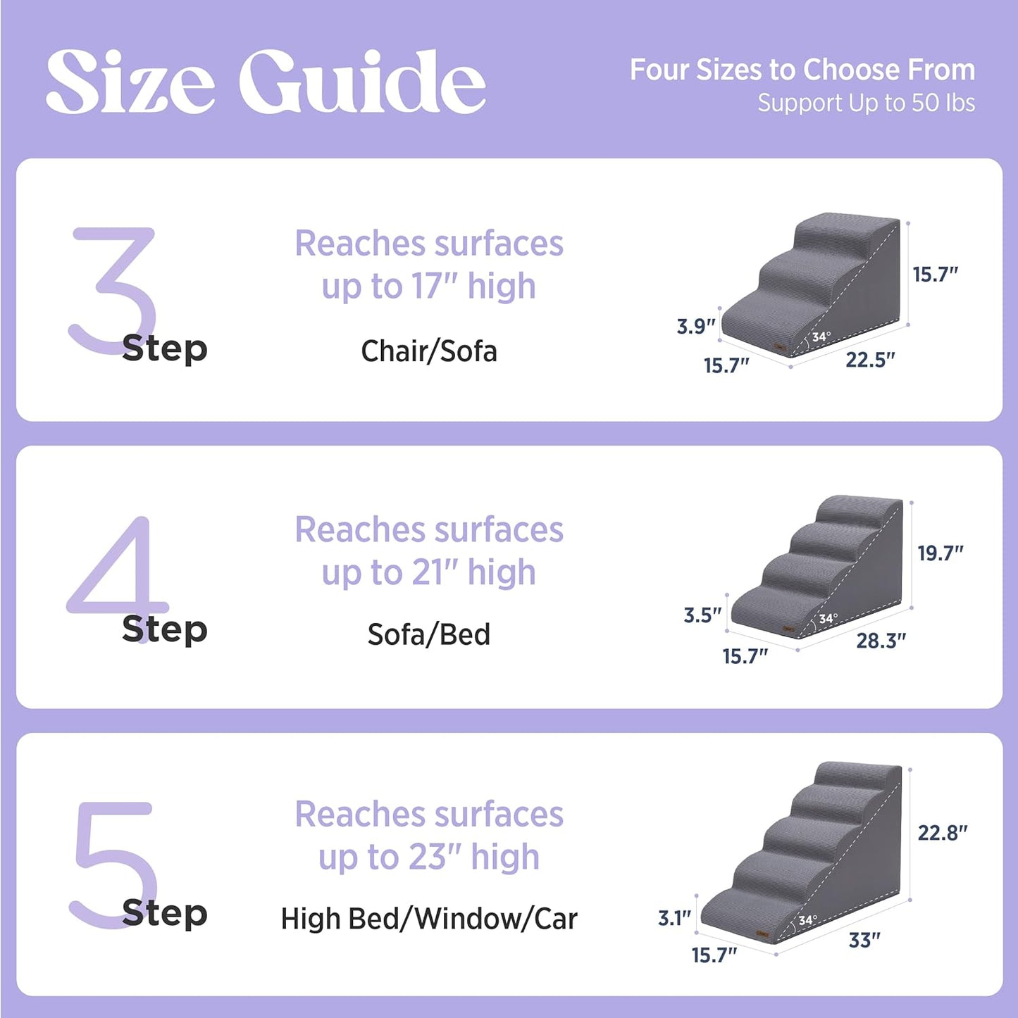 Lesure Dog Stairs for Small Dogs Pet Steps Ramp for High Bed and Couch with CertiPUR-US Certified Foam with Non-Slip Bottom, Grey, 4 Steps