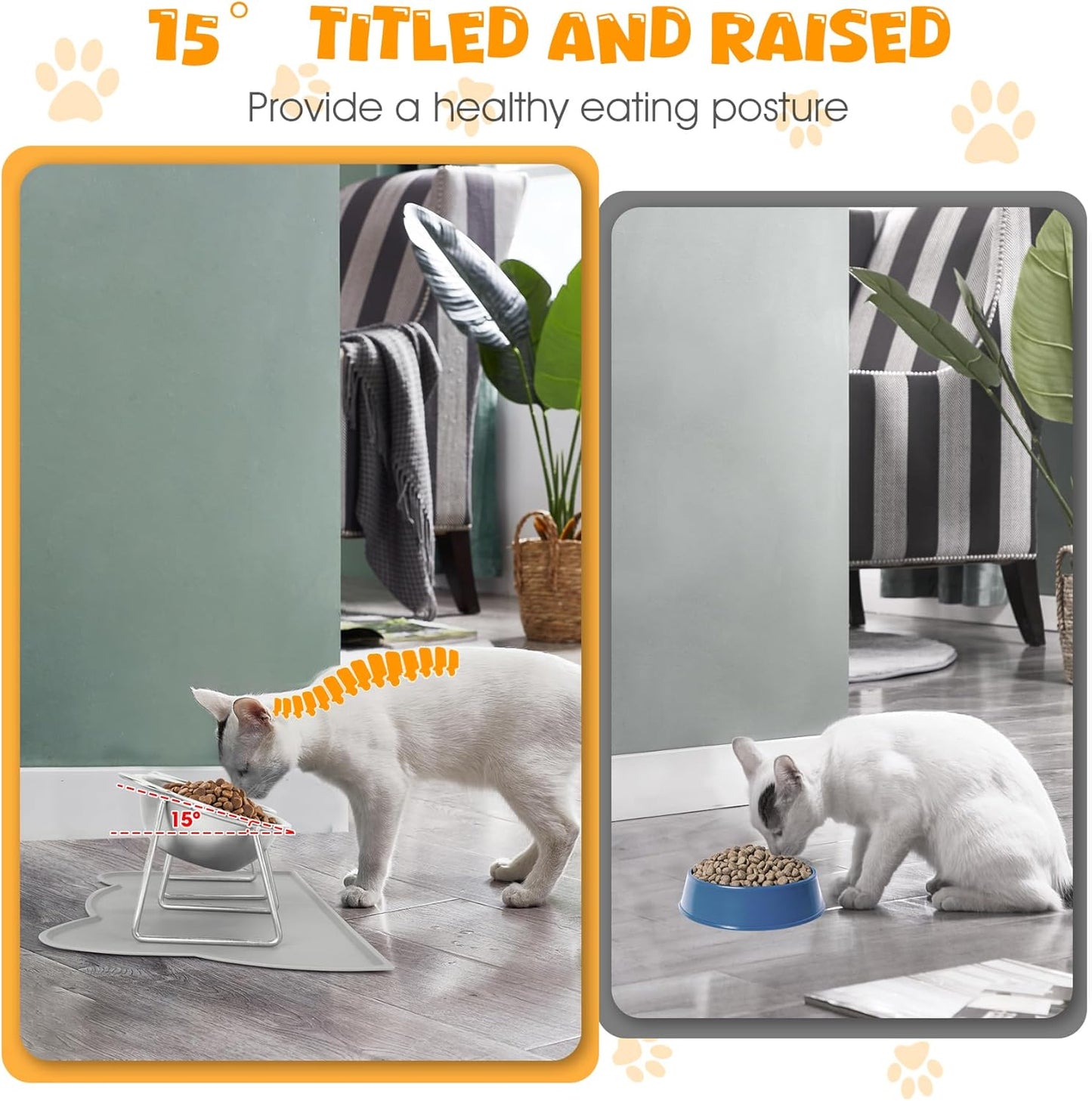 Elevated Cat Bowls, 2 Pack Stainless Steel Cat Food Water Bowls with Non-Slip Placemat, 15° Tilted Stand Anti Vomiting Raised Pet Food Feeding Dishes Plate for Cats Kitten Puppies Dogs Small Animals