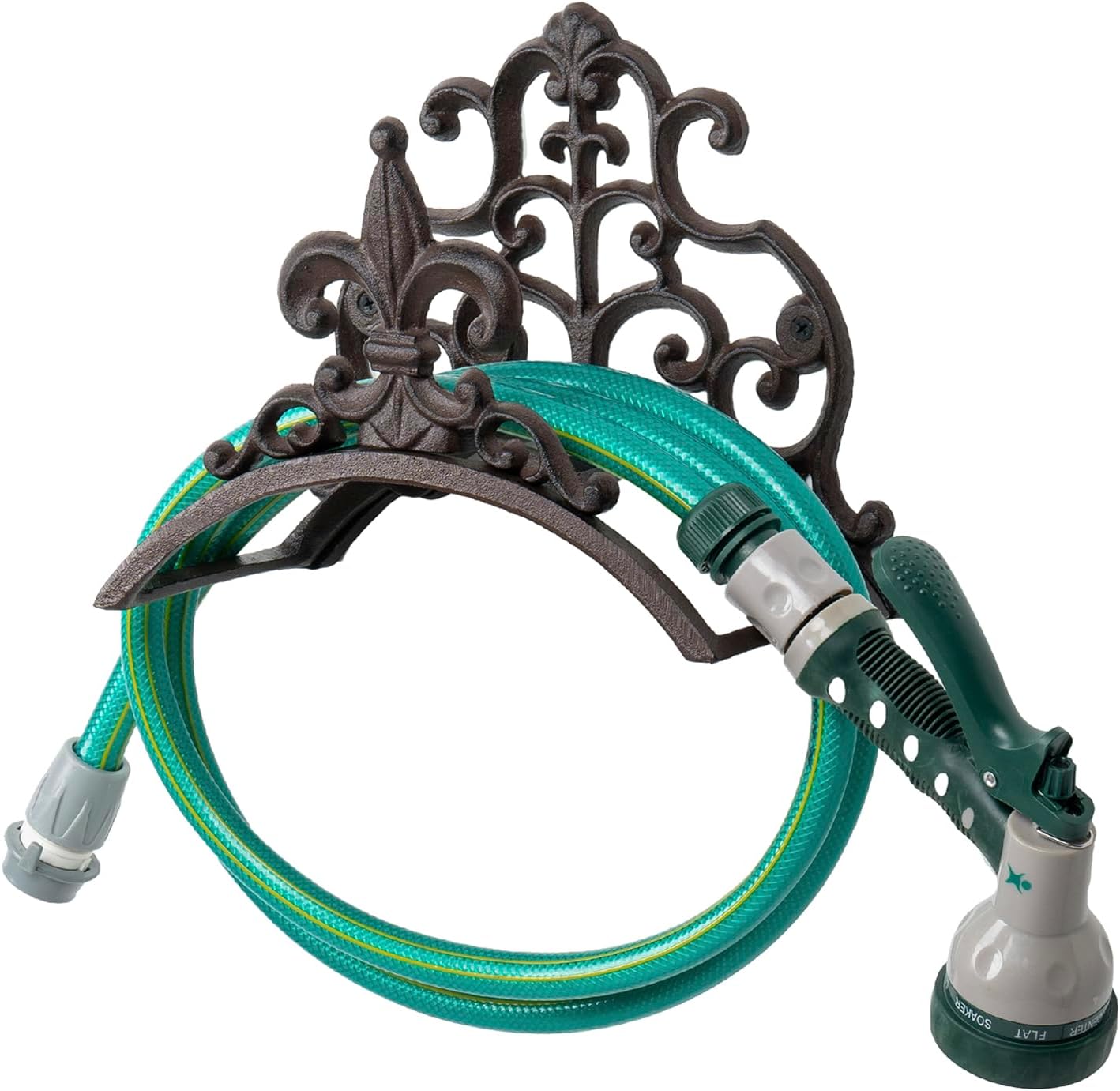 MyGift Dark Coffee Cast Iron Wall Mounted Garden Water Hose Holder, Decorative Vintage Fleur De Lis Floral Scrollwork Waterhose Reel Hanger Storage Rack