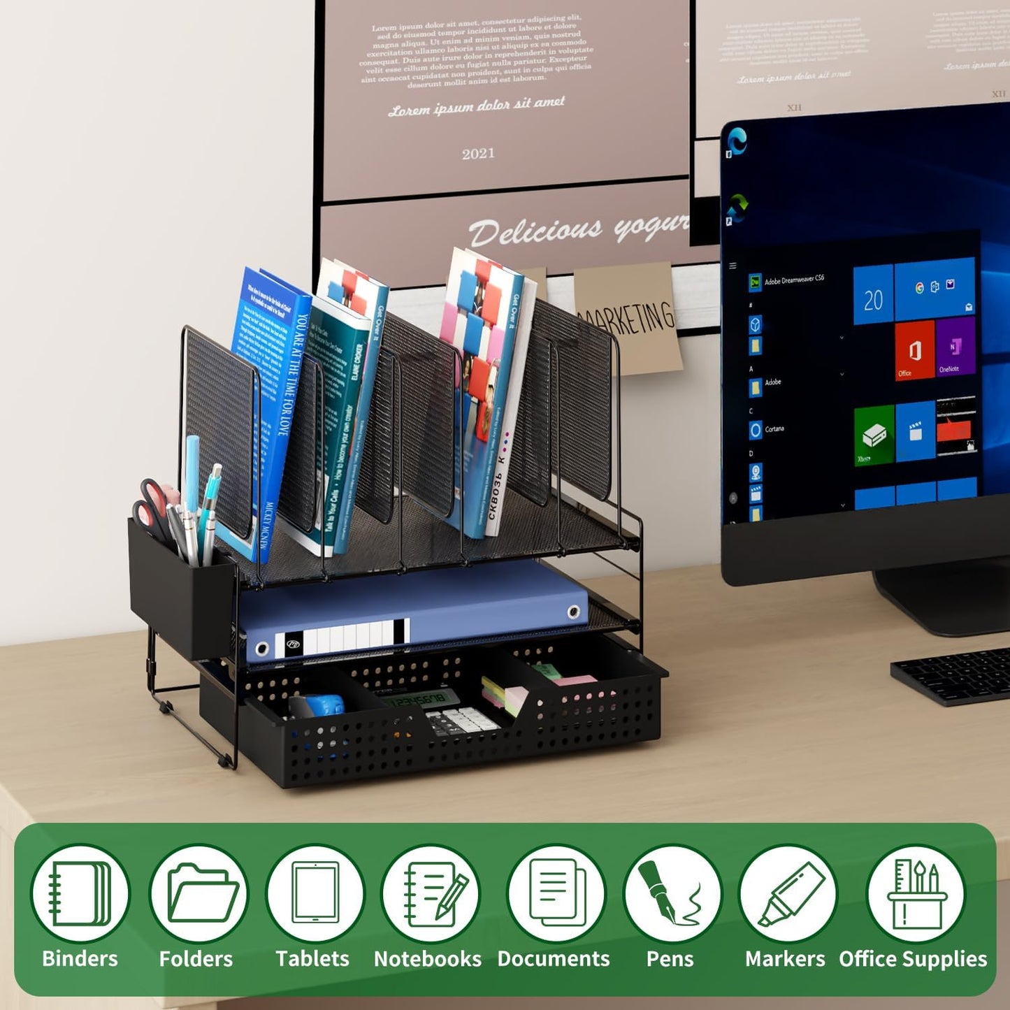 Desk Organizer, Office Organization with Vertical File Holder, File Organizer with Drawer and Pen Holder, Desk Accessories and Workspace Organizers for Home Office (Black)