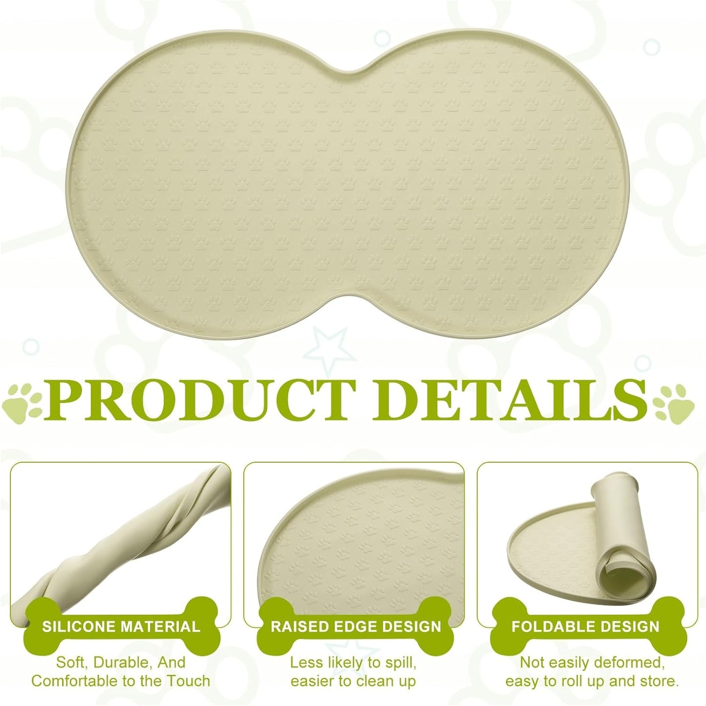 Dog Food Mat, 19x10 Inch Silicone Pet Feeding Mat Non-Slip Double Circle Style Waterproof Dog Water Bowl Tray Raised Edge Protects Floors (Apricot), Intended for Pets Bowl/Fountain