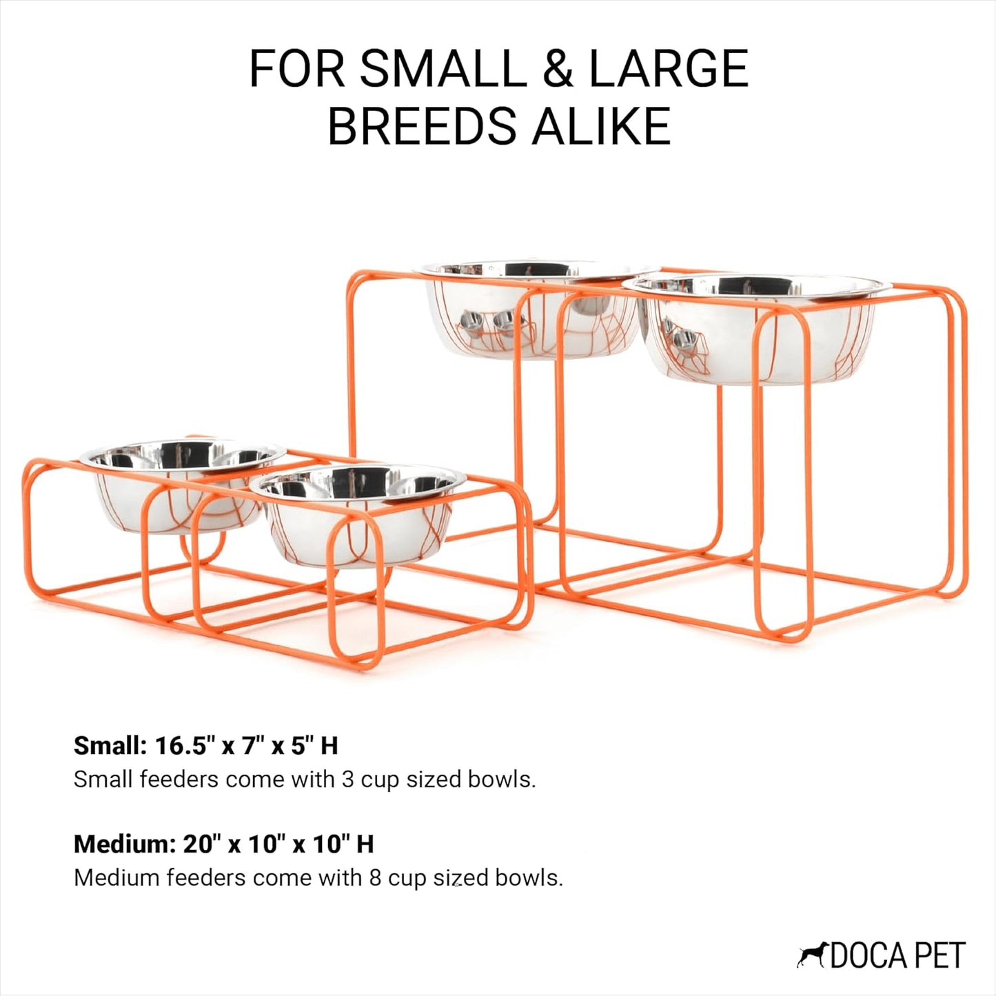 Wire & Dine Elevated Dog Bowls Stand for Small & Medium Sized Dogs & Cats - 2 Stainless Steel 3 Cup Dishes - Non-Skid, Modern Minimalist Design, Dishwasher Safe, White Frame - Made in USA